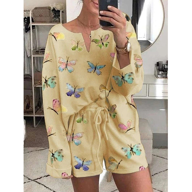 Women Butterfly Printed Shorts Pajamas Set