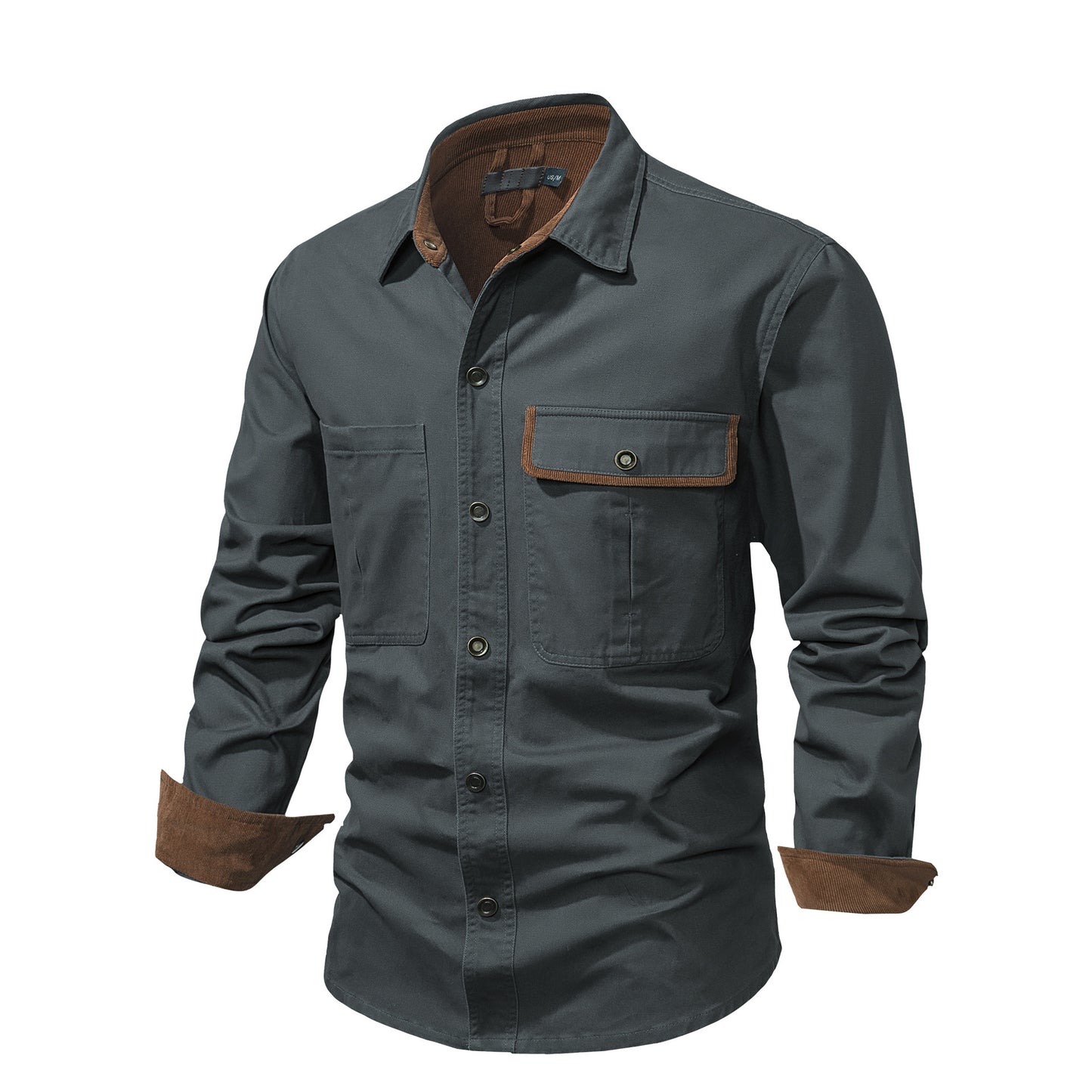 Men's Workwear Washed Cotton Shirt Solid Color Lapel Long Sleeve