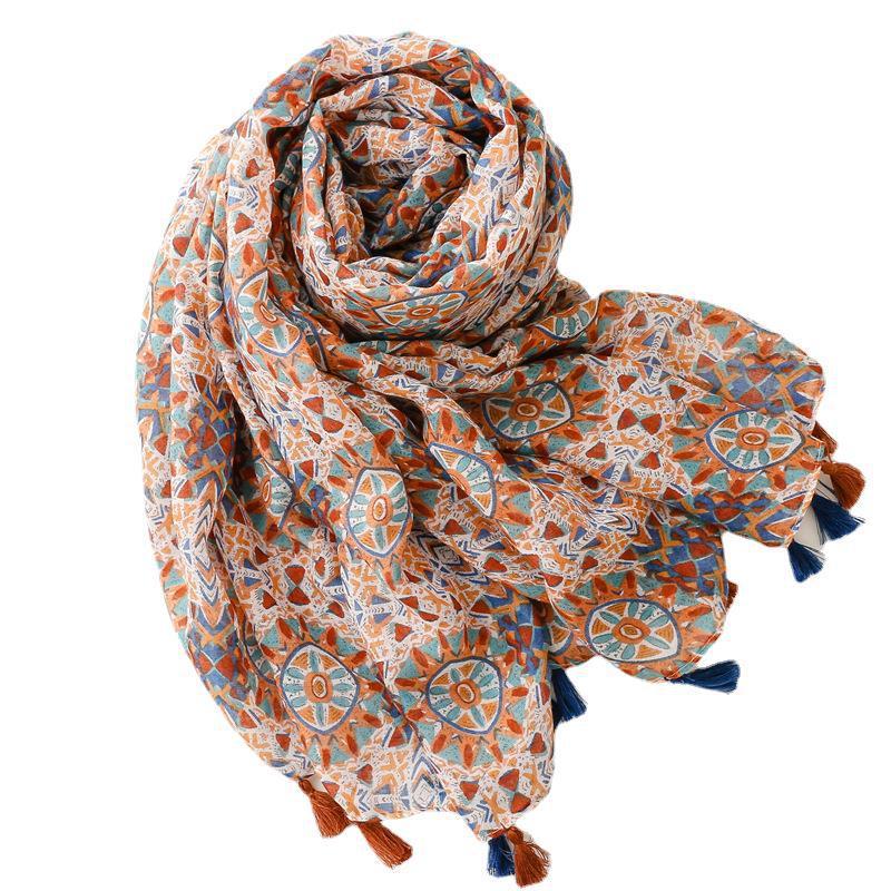 Retro Ethnic Style Voile Cotton And Linen Feel Scarf Women's Thin Type Sunscreen Shawl