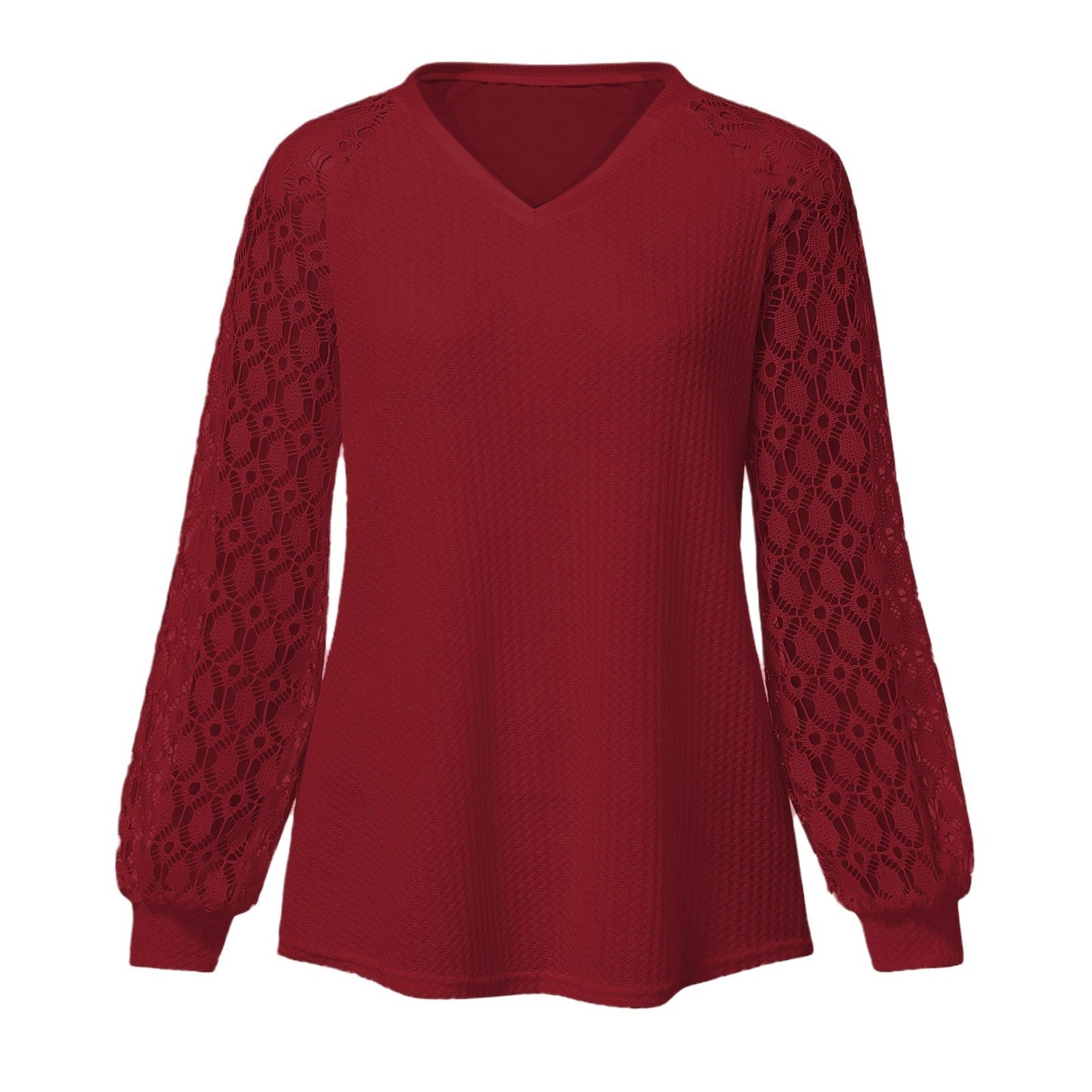 Women's V-neck Long Sleeve Lace Stitching Loose Shirt