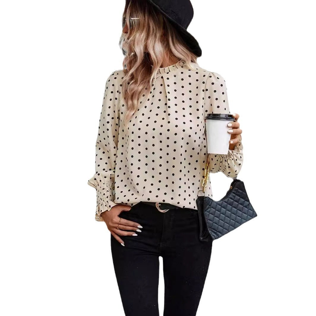 Polka Dot Printed Puff Sleeve Elegant Women's Shirt