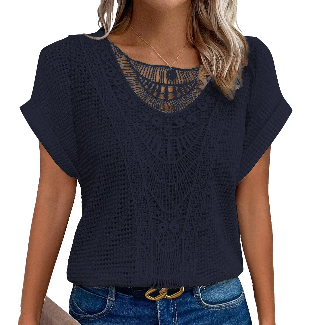 Lace Patchwork Short-sleeved T-shirt Women's Clothing