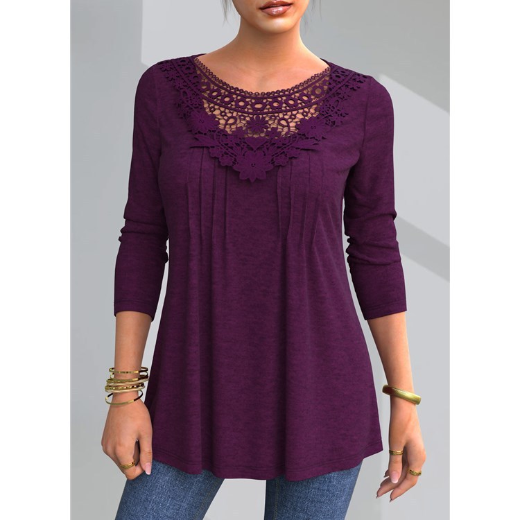 Women's Plus Size Long Sleeve Lace Autumn Loose Top T-shirt