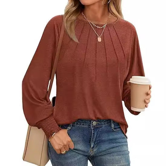 Women's Round Neck Pleated Long Sleeve Top