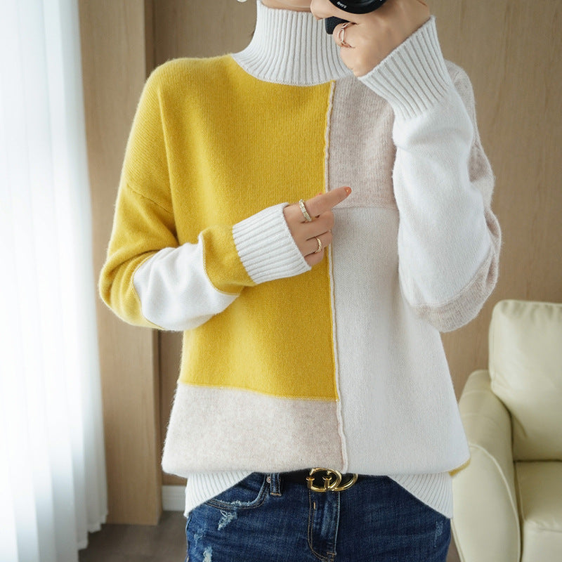 Half-high Collar Padded Color-block Wool Sweater Plaid