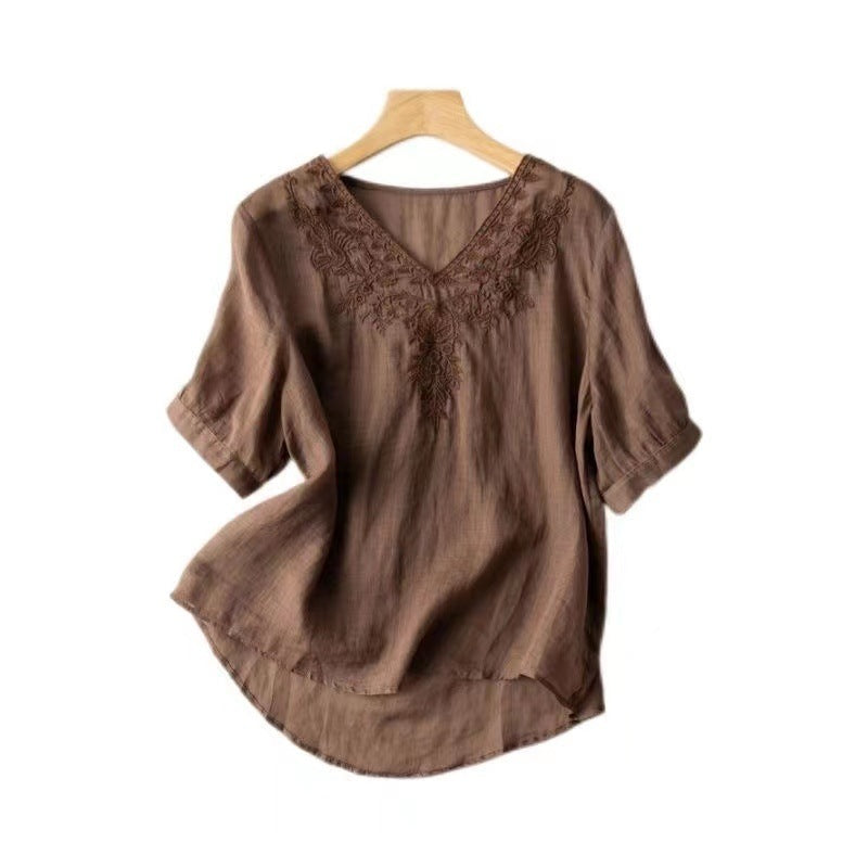 V-neck Embroidery Loose Thin Slim Fit Slim Looking Large Size Women's Wear Shirt