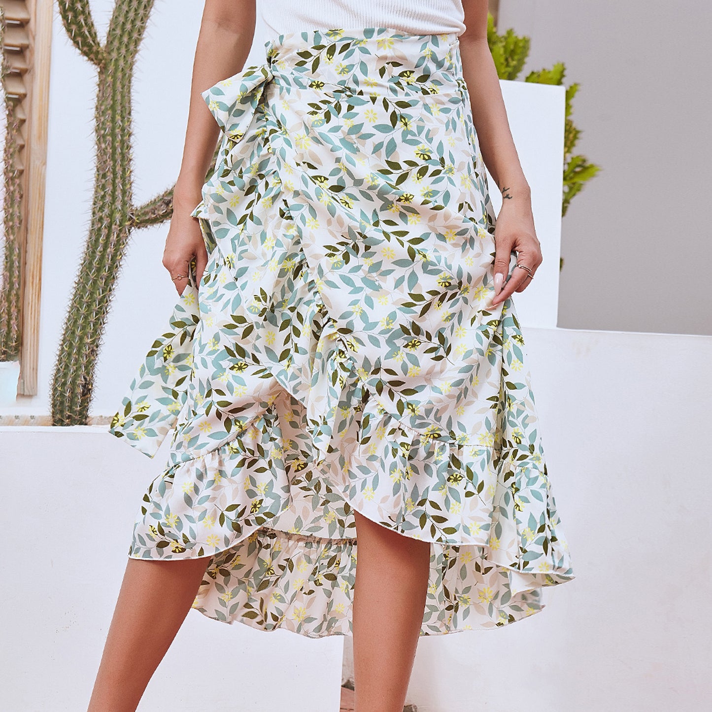 Printed Lace Up Split Expansion Skirt Skirt With Lining