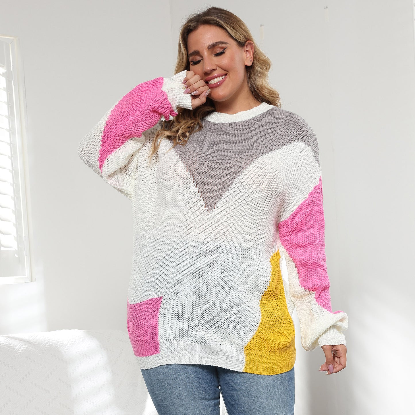 Women's Plus Size Contrast Stitching Pullover Sweater