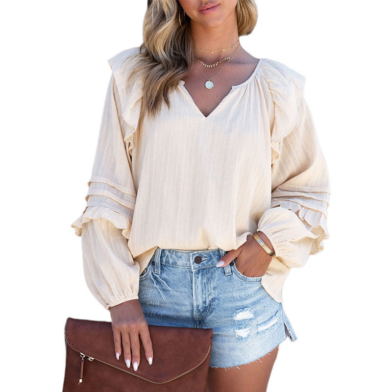 Solid Color And V-neck Ruffled Puff Sleeve Shirt European And American Leisure Pullover