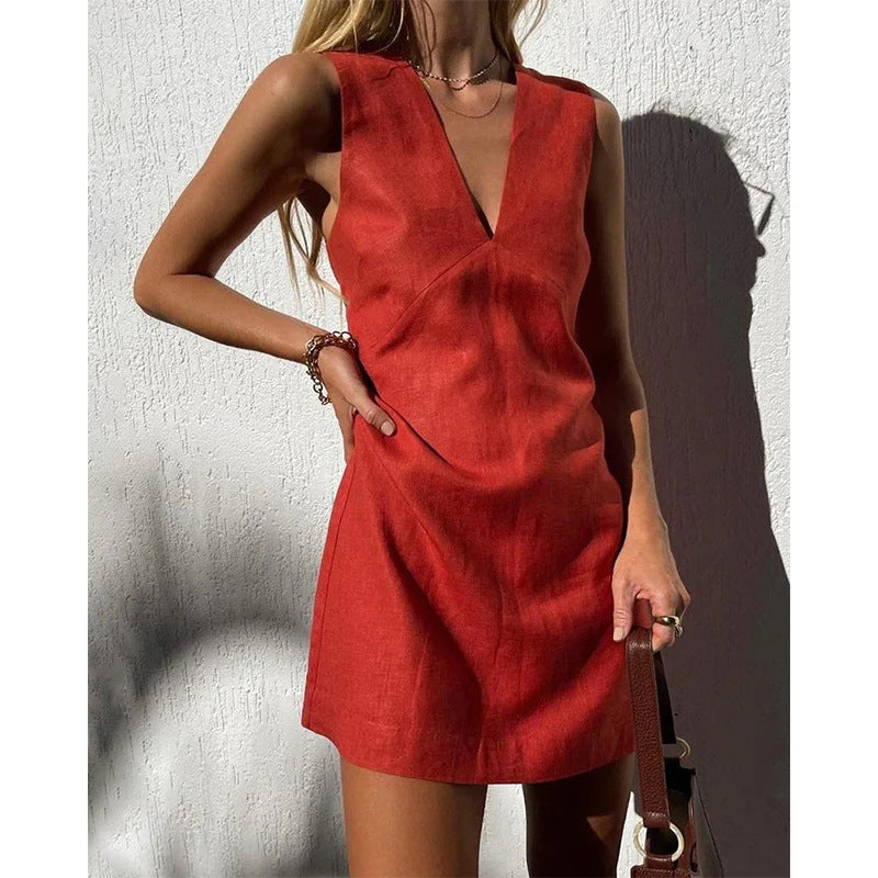 V-neck Cotton And Linen Sleeveless Dress Women's Solid Color