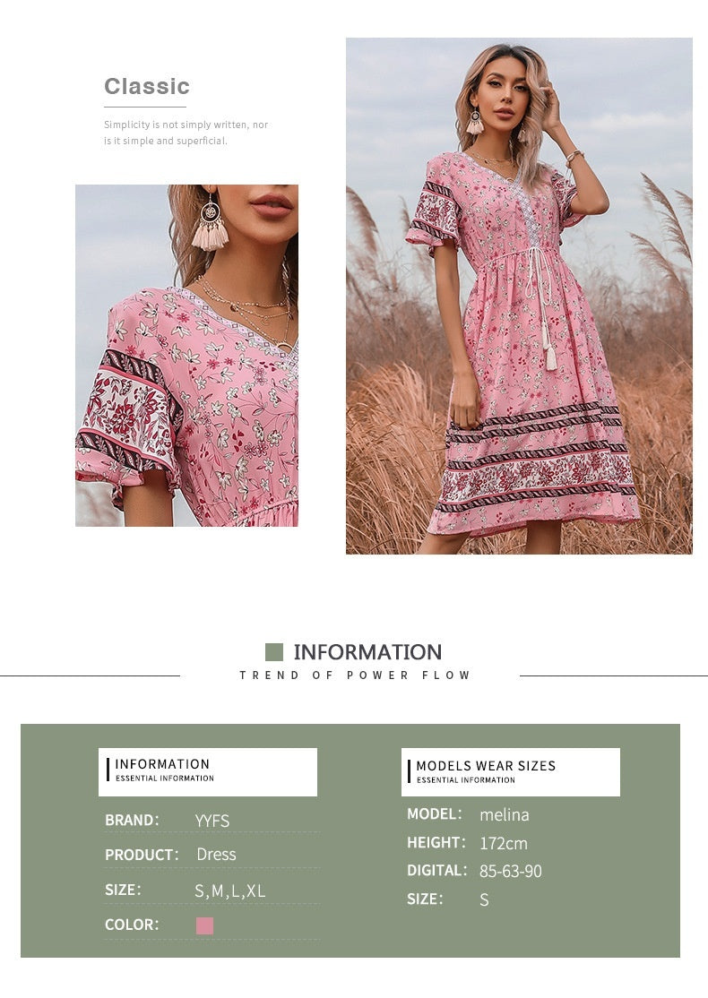 Women's Pink V-neck Printed Dress