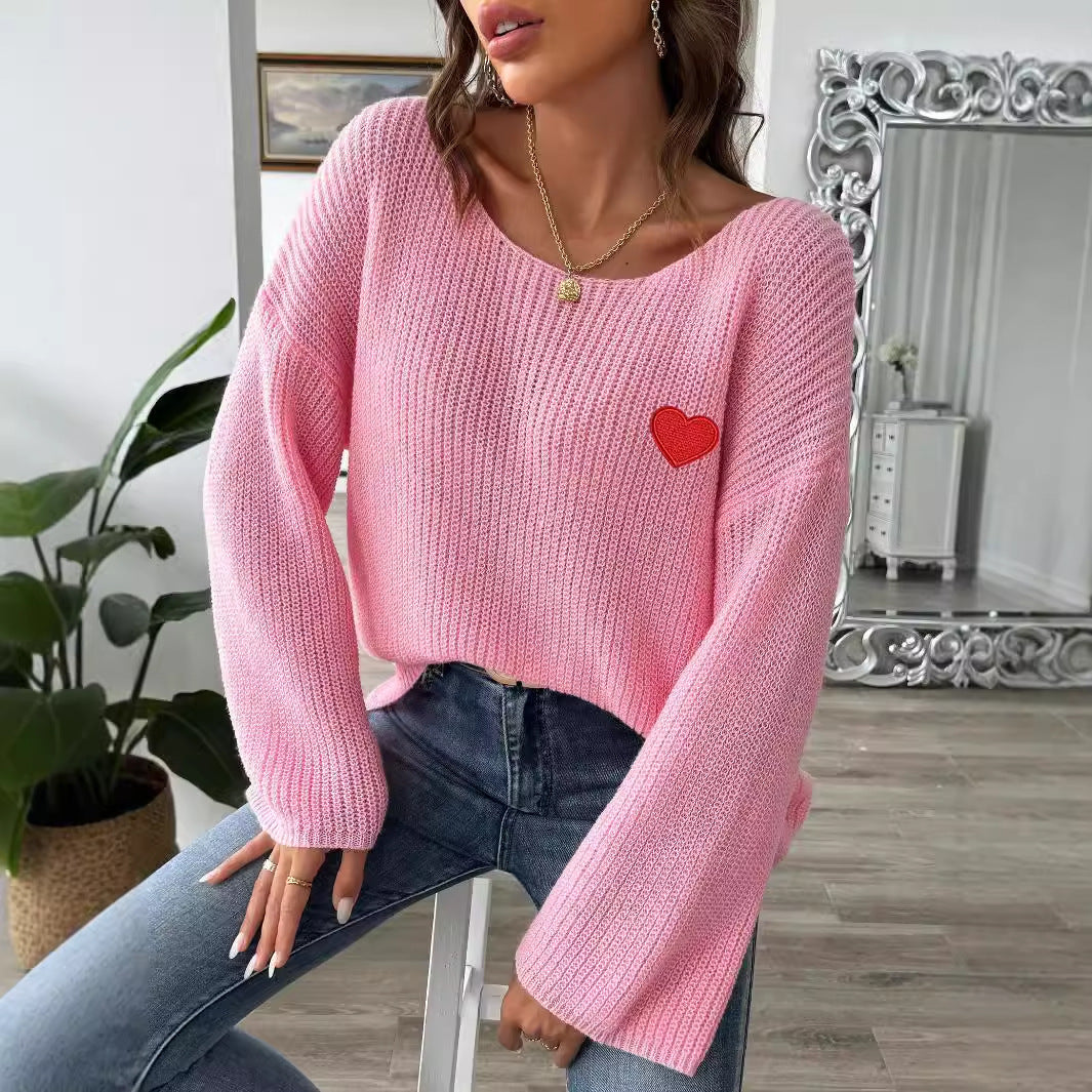 Women's Pullover Off-neck Flared Sleeve Love Embroidered Sweater