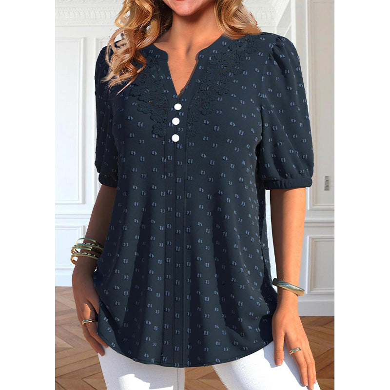 Plus Size Navy Blue Button Short Sleeve Shirt