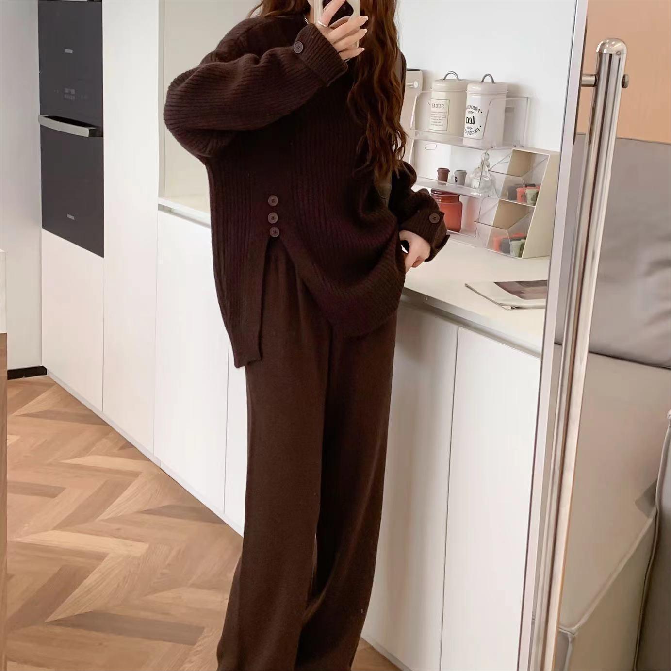 Casual Sports Style Suit Design Sense Slit Knitted Sweater Wide Leg Pants Two-piece Set