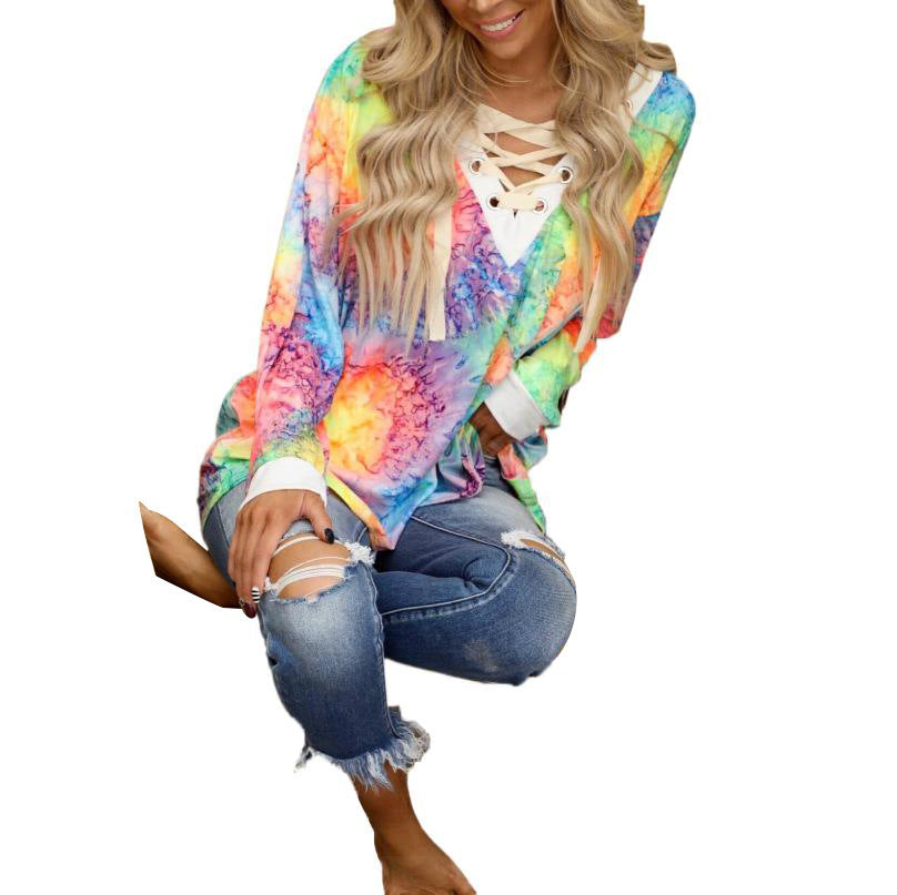 Tie-Dye Printed Long-Sleeved V-Neck Tie Casual T-Shirt Top