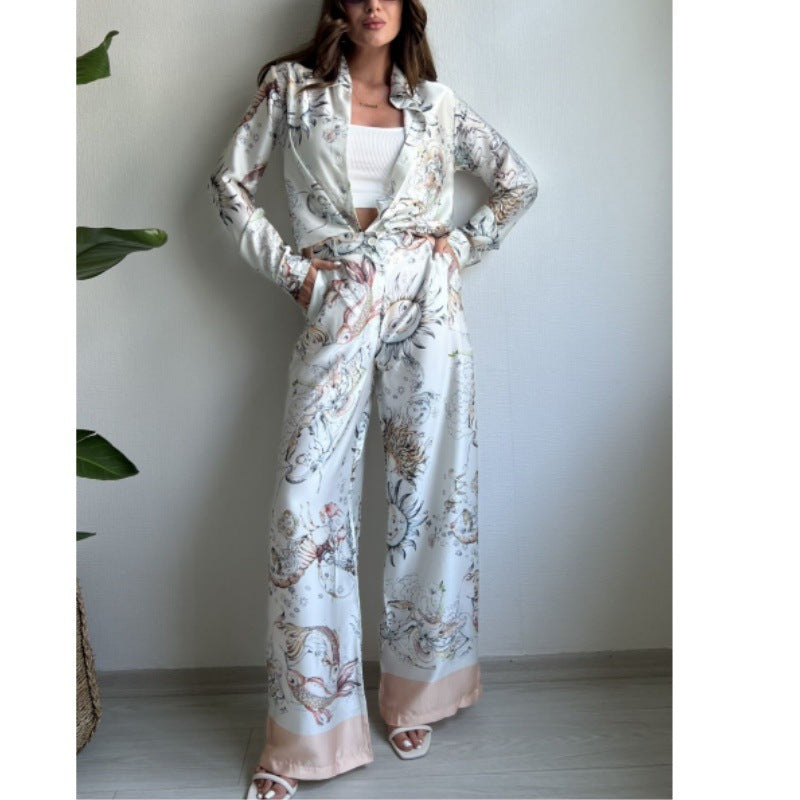 Printed Long-sleeved Top Wide Leg Pants Two-piece Set