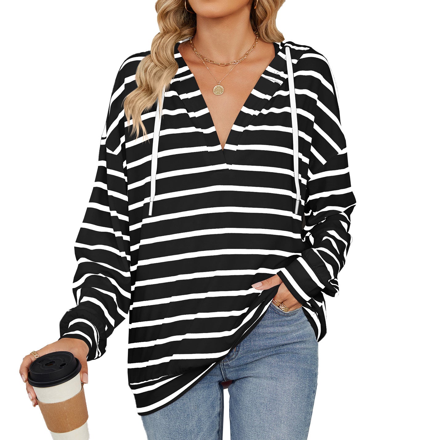 Hoodie With Drawstrings Striped Long Sleeve Top