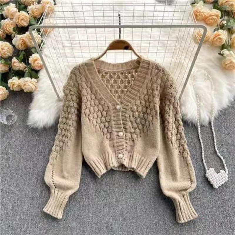 Knitted Cardigan Sweater Coat Women's V-neck Design Sense