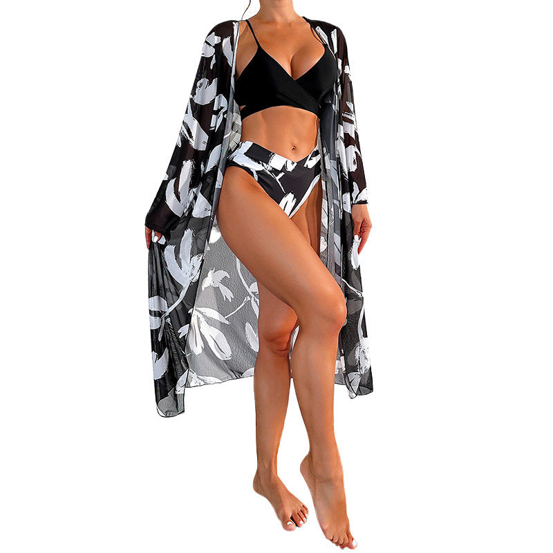 New Bikini Three-piece Women's Swimsuit Black And White Printed Swimming