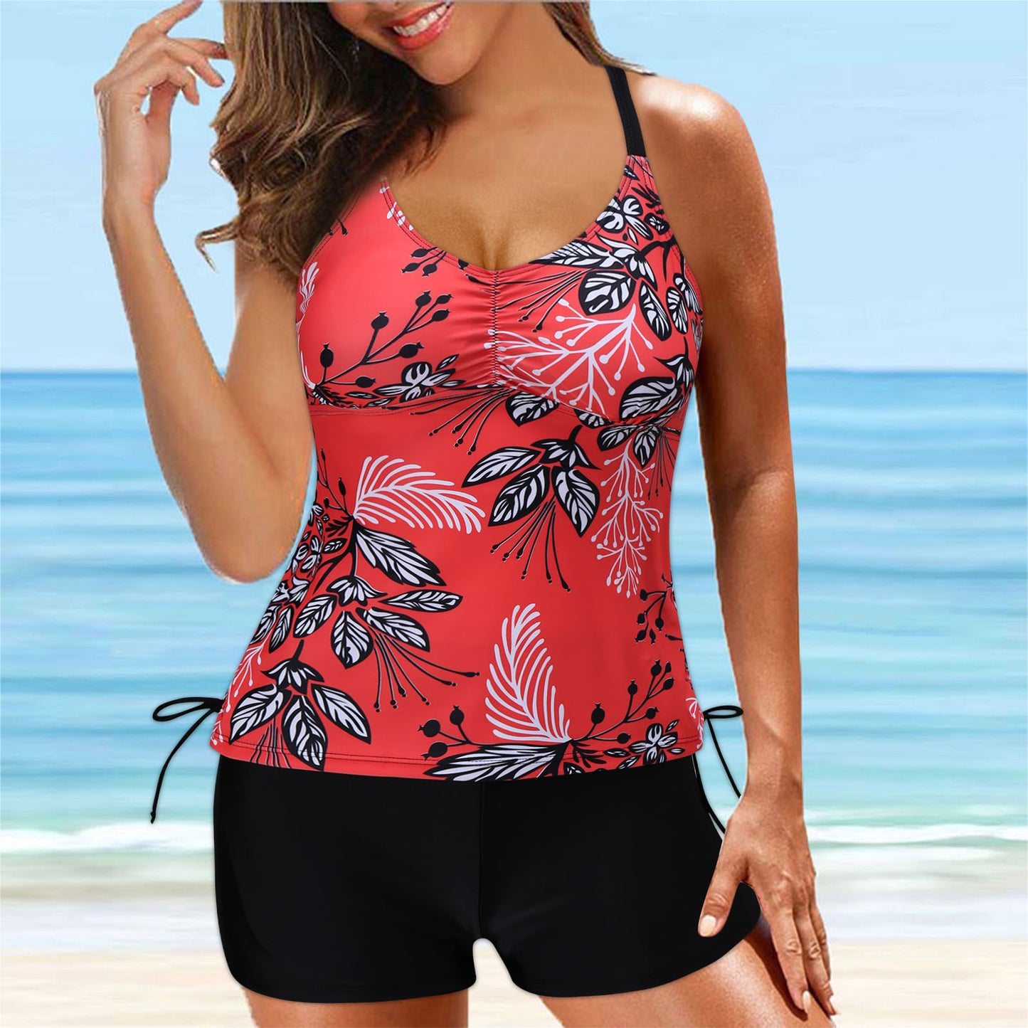 Digital Printing Double-shoulder Strap Push Up Pleating Bikini For Women