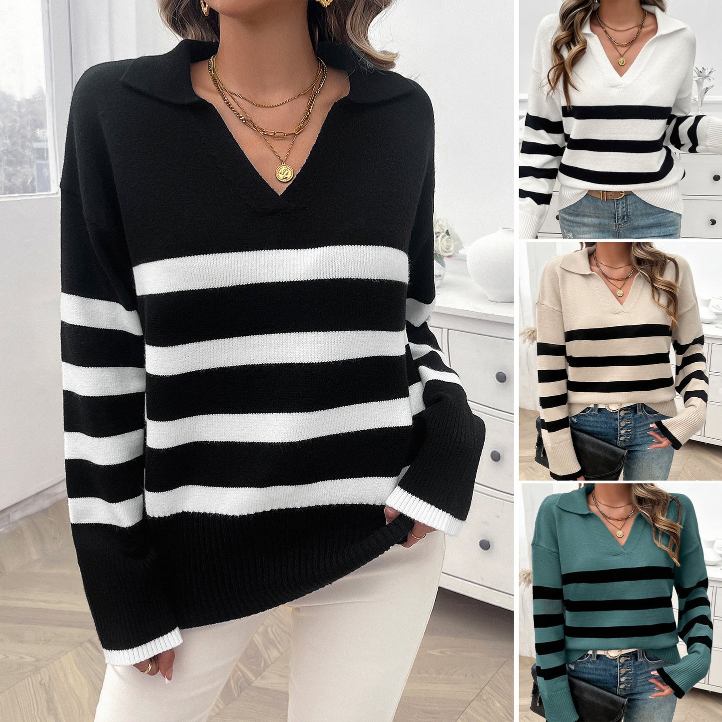 Women's Loose Striped Contrast Color Lapels Sweater