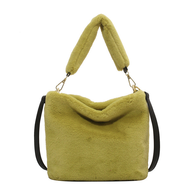 Fashion Solid Color Plush Portable Bucket Bag