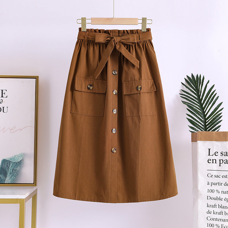 Summer New Artistic Solid Color Buttons Mid-length Skirt Mori Girl Elastic Waist Cotton And Linen A- Line Skirt