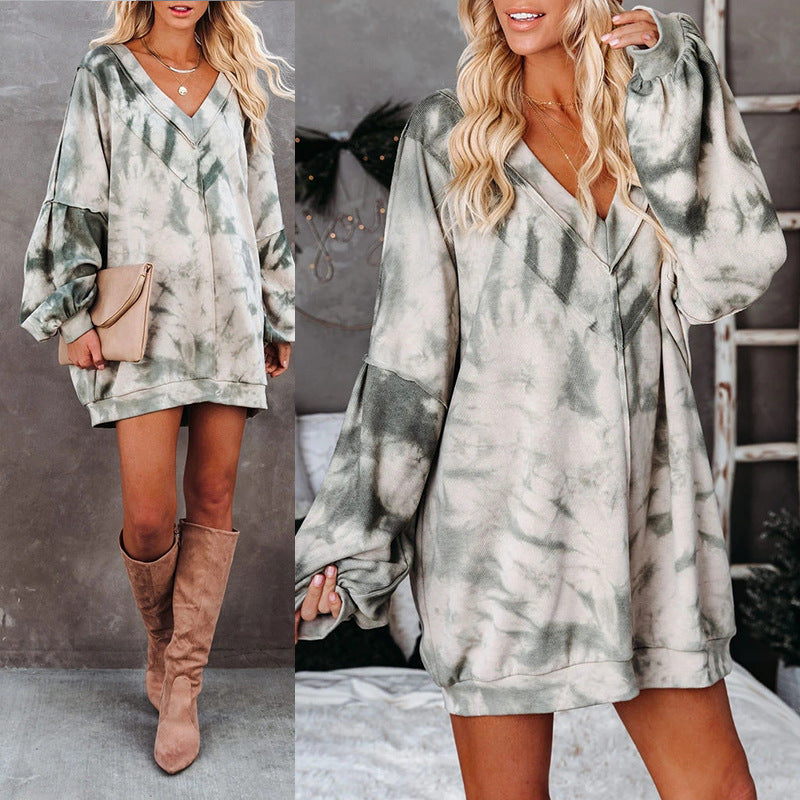 Tie-Dye Printed Long-Sleeved V-Neck Loose Casual Home Sweater