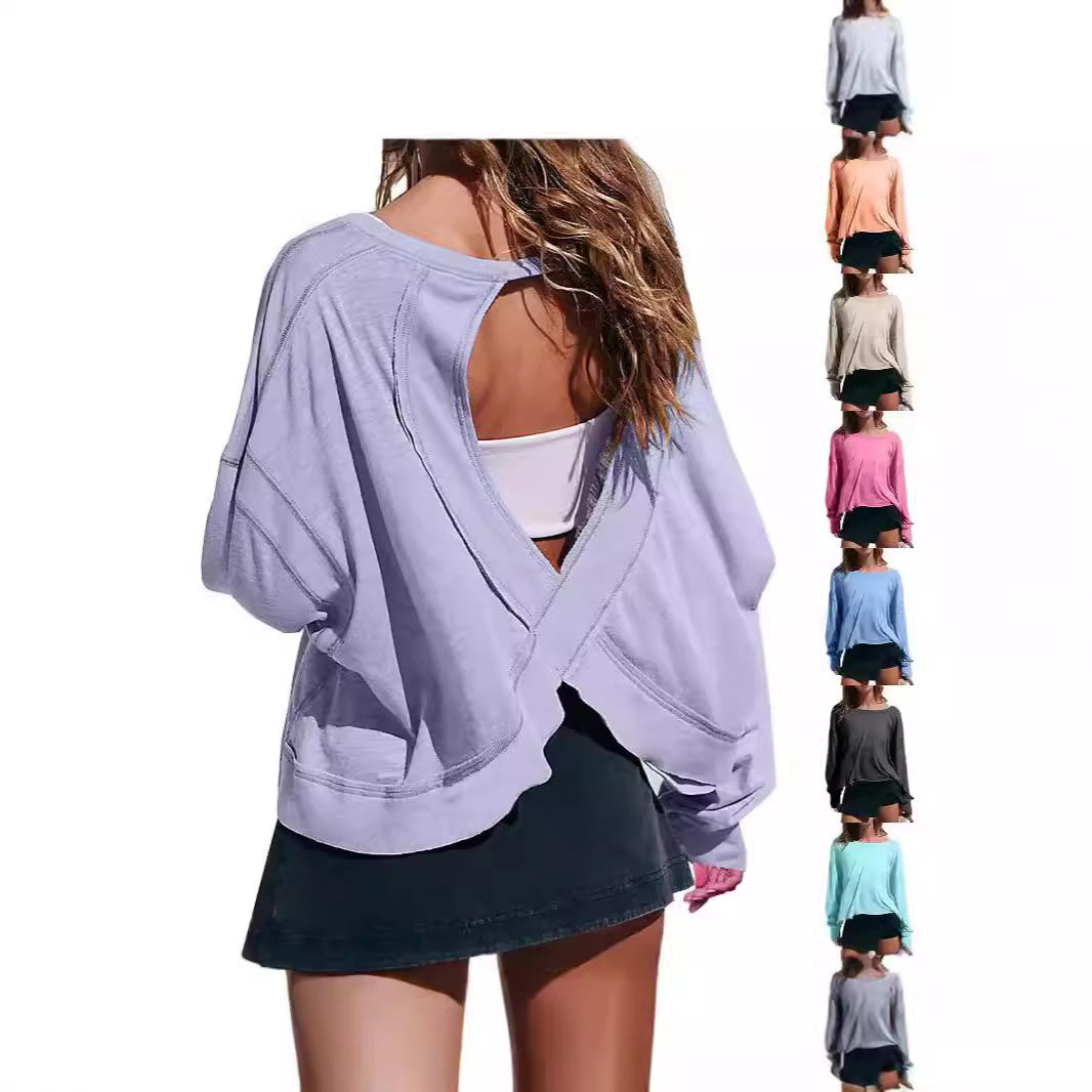 Hollow Backless Long Sleeves Loose T-shirt