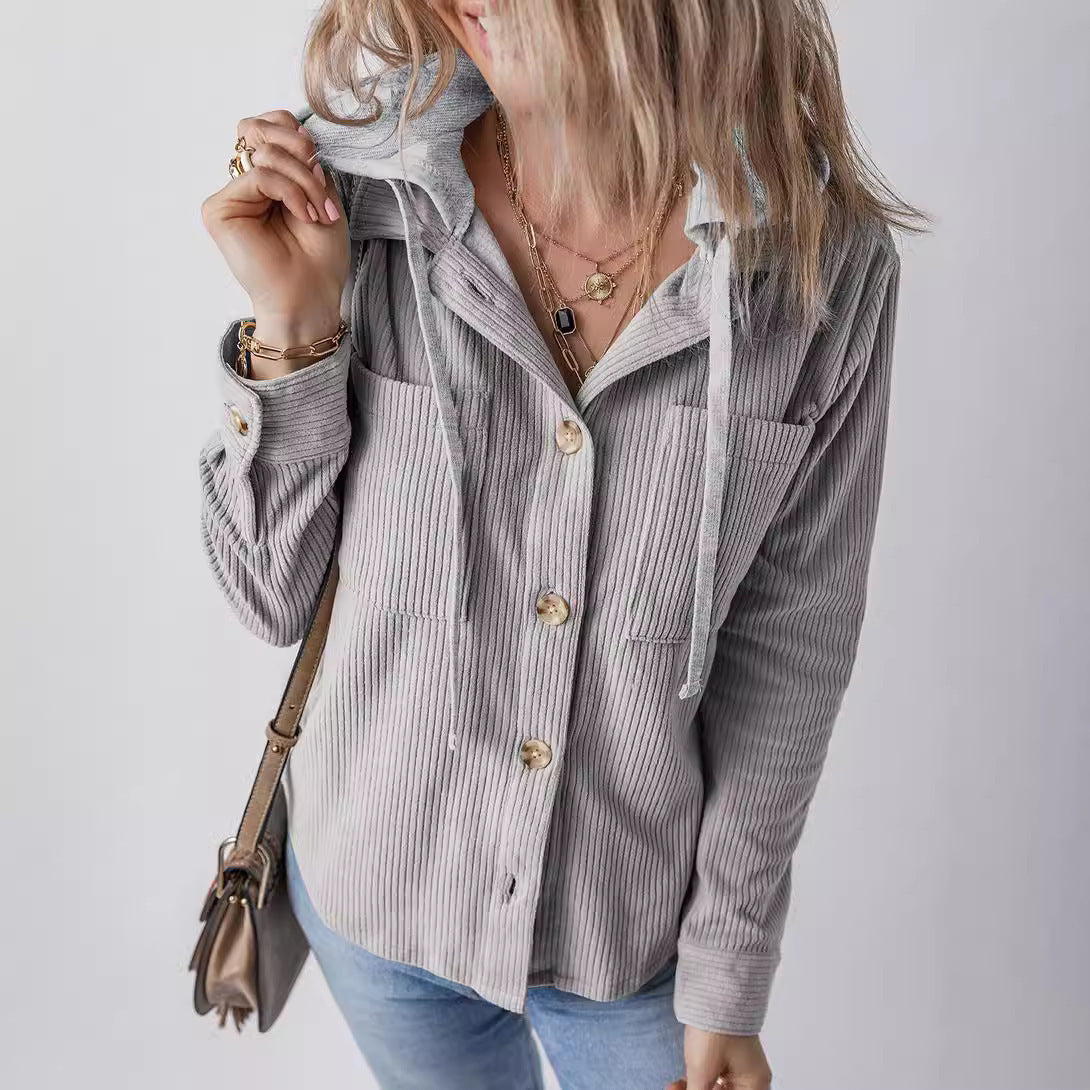 Lapel Buckle Cardigan Pouch Hooded Drawstring Striped Coat