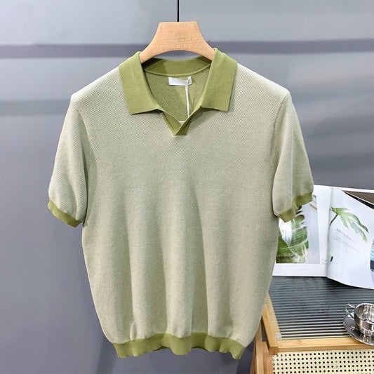 Men's Ice Silk Knitted Trendy Niche Contrast Color Lapels Short Sleeve