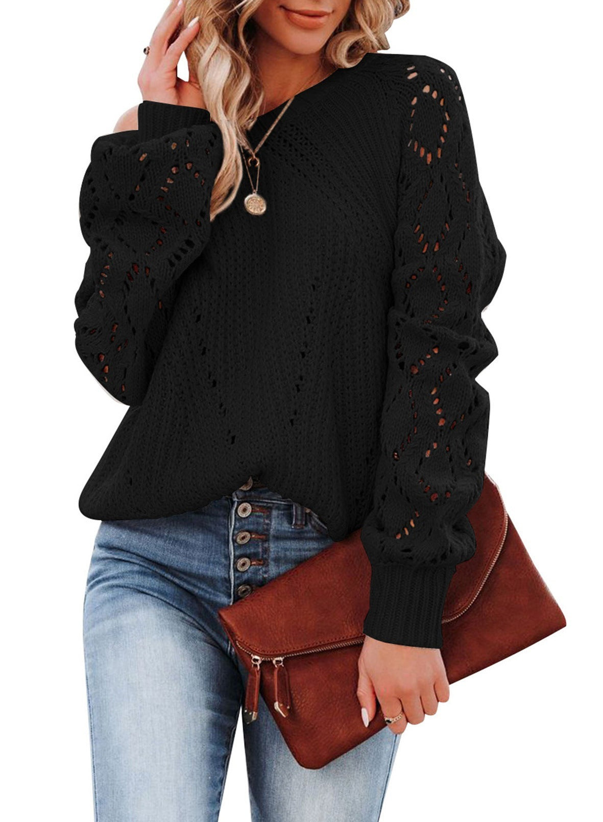 Solid Female Hollow Pattern Round Neck Sweater