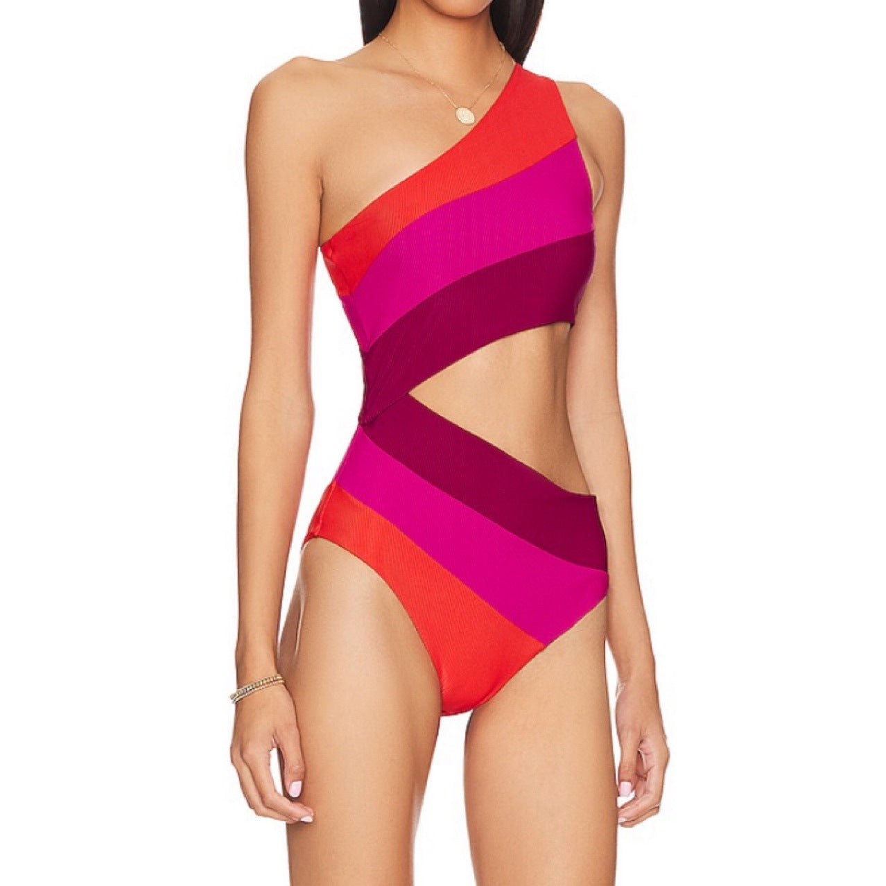 Women's Color Matching One-piece Swimsuit Oblique Shoulder High Fork