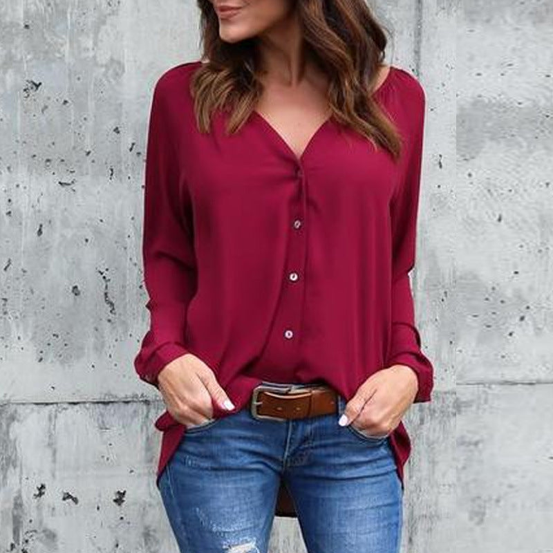 V-neck pleated button chiffon shirt