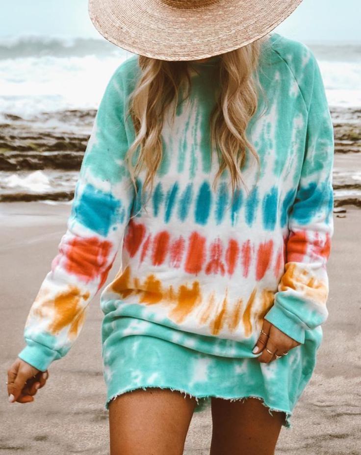 Tie-dye printed loose long-sleeved T-shirt dress