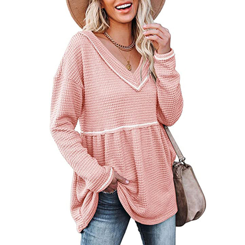 V-neck Long-sleeved Tunic Sweater With Pleated T-shirt Skirt