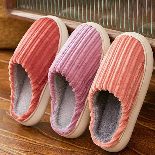 Fashion Corduroy Stripe Slippers For Women Warm Winter House Shoes Indoor Floor Bedroom Solid Color Non-slip Plush Slippers