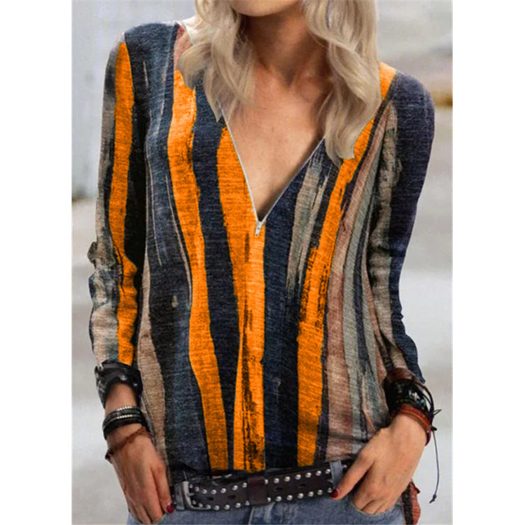 Tie-dye striped printed long-sleeved T-shirt V-neck zipper top women