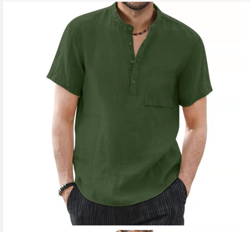 Men's Trendy Stand Collar Cotton Linen Short Sleeve