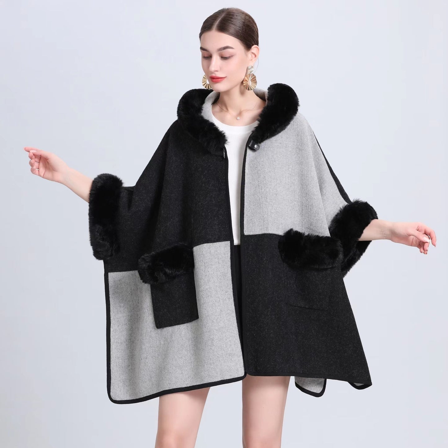 Women's Autumn And Winter New Fur Collar Shawl Cape Coat