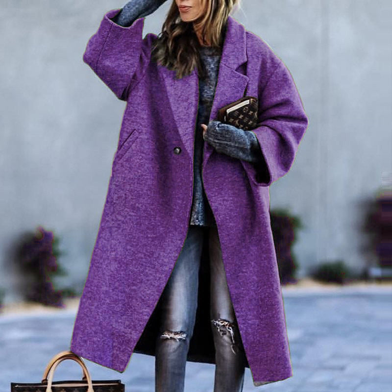 Autumn And Winter Long Woolen Color Temperament Commute No Belt Lapel Loose Woolen Green Coat