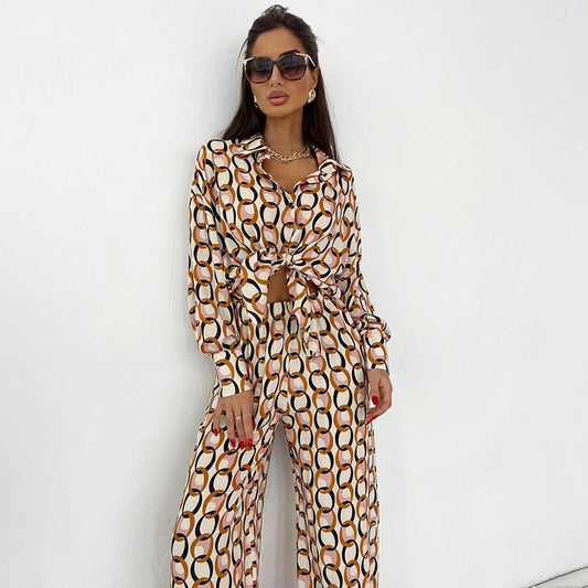 Women's Fashionable Printed Long-sleeved Trousers Two-piece Set