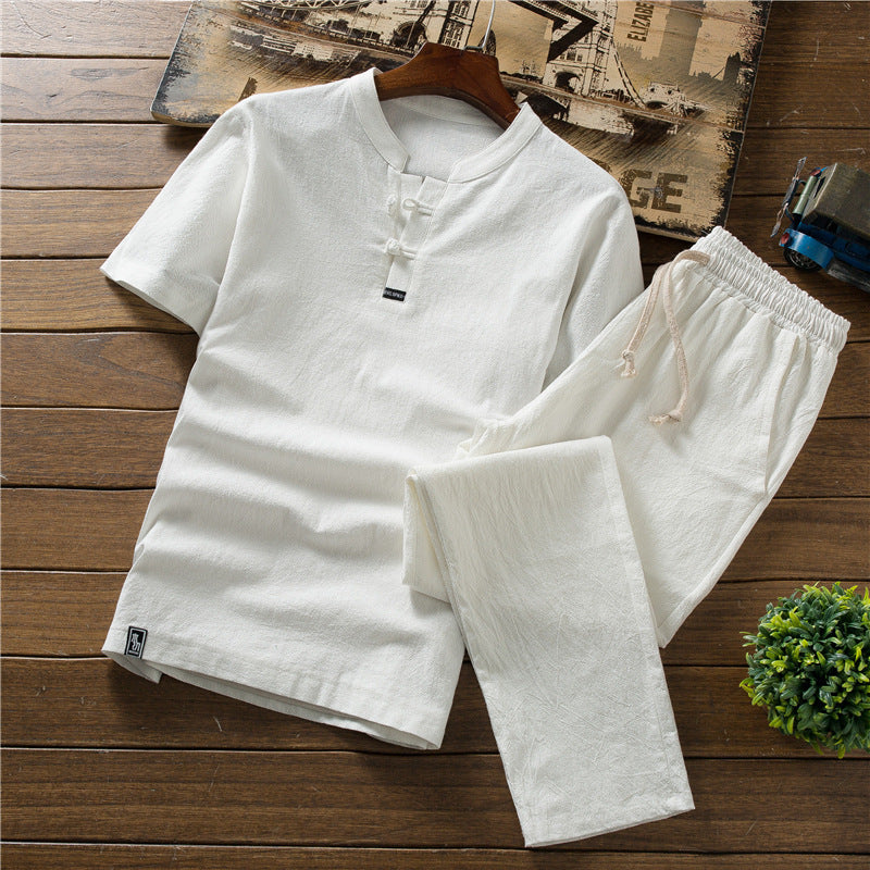 Chinese Style Summer Linen Suit Men's Cotton And Linen Short-sleeved T-shirt Plus Size Trousers A Set Of Retro Cotton And Linen Men