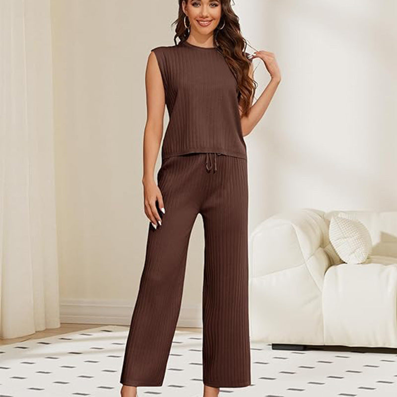 Women's Sweater Suit Sleeveless Top High-waisted Trousers