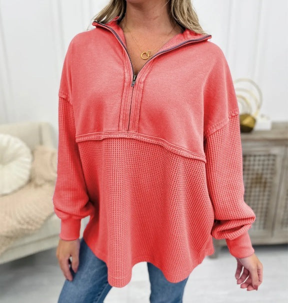 Women's Clothing Loose Zip Patchwork Sweater