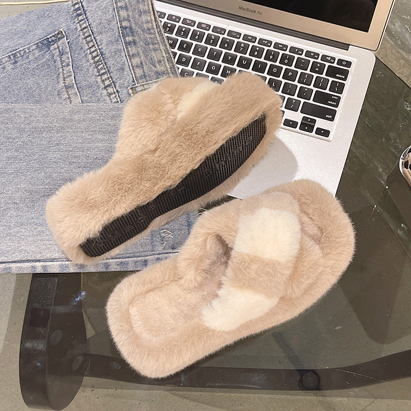 Cross-strap Fuzzy Slippers With 5cm Heel Shoes Women Fashion Winter Indoor Plush House Shoes