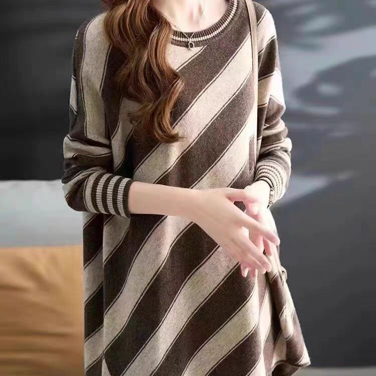 Striped Stitching Contrast Color Round Neck Pullover Sweater Autumn And Winter Fashion All-matching Loose Slimming And Warm Bottoming Shirt