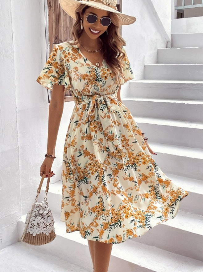 Women's Clothing Bohemian Spring And Summer Elegant Floral Print Lace-up Dress