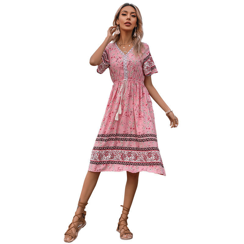 Women's Pink V-neck Printed Dress