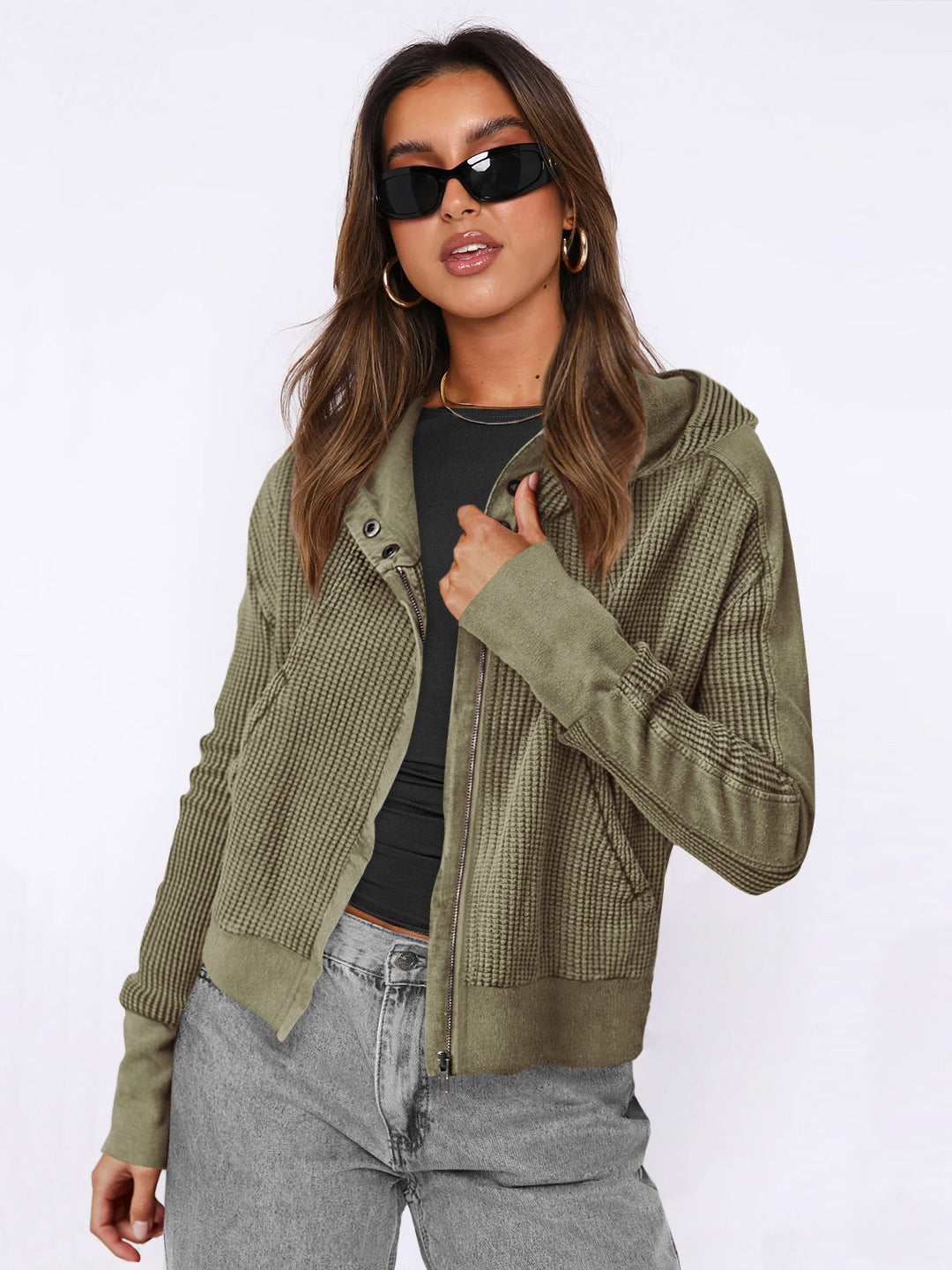 Fashion Hooded Sweatshirt Jacket Women Zipper Short Sweater Tops